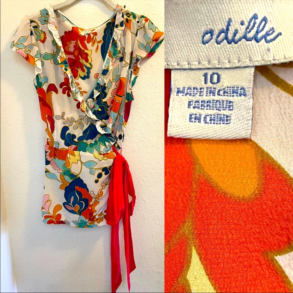 Anthropologie Odille silk wrap top blouse short sleeve multicolor